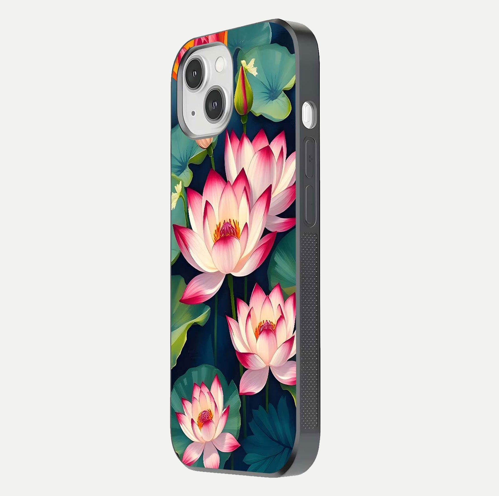 Lotus Dream Serenity Glass Case for iPhone 14 side-angle image revealing reflection clarity and calm tones