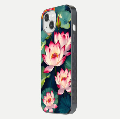 Lotus Dream Serenity Glass Case for iPhone 14 side-angle image revealing reflection clarity and calm tones