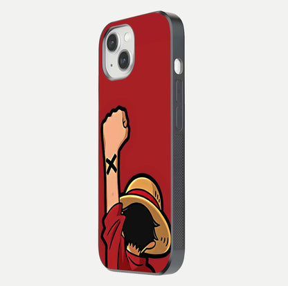 Luffy X Spirit Glass Case for iPhone 14 side-angle image highlighting reflection strength and anime print