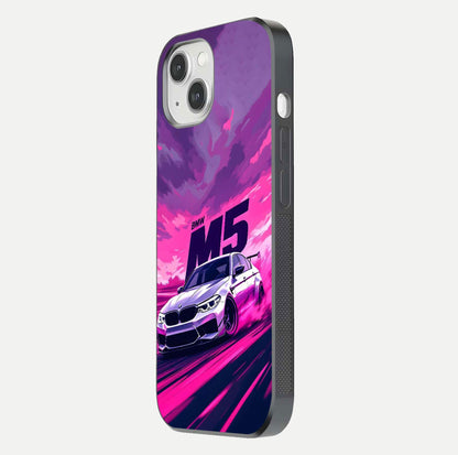 MS Neon Car Glass Case for iPhone 14 side-angle image showing glow reflection and car detailing