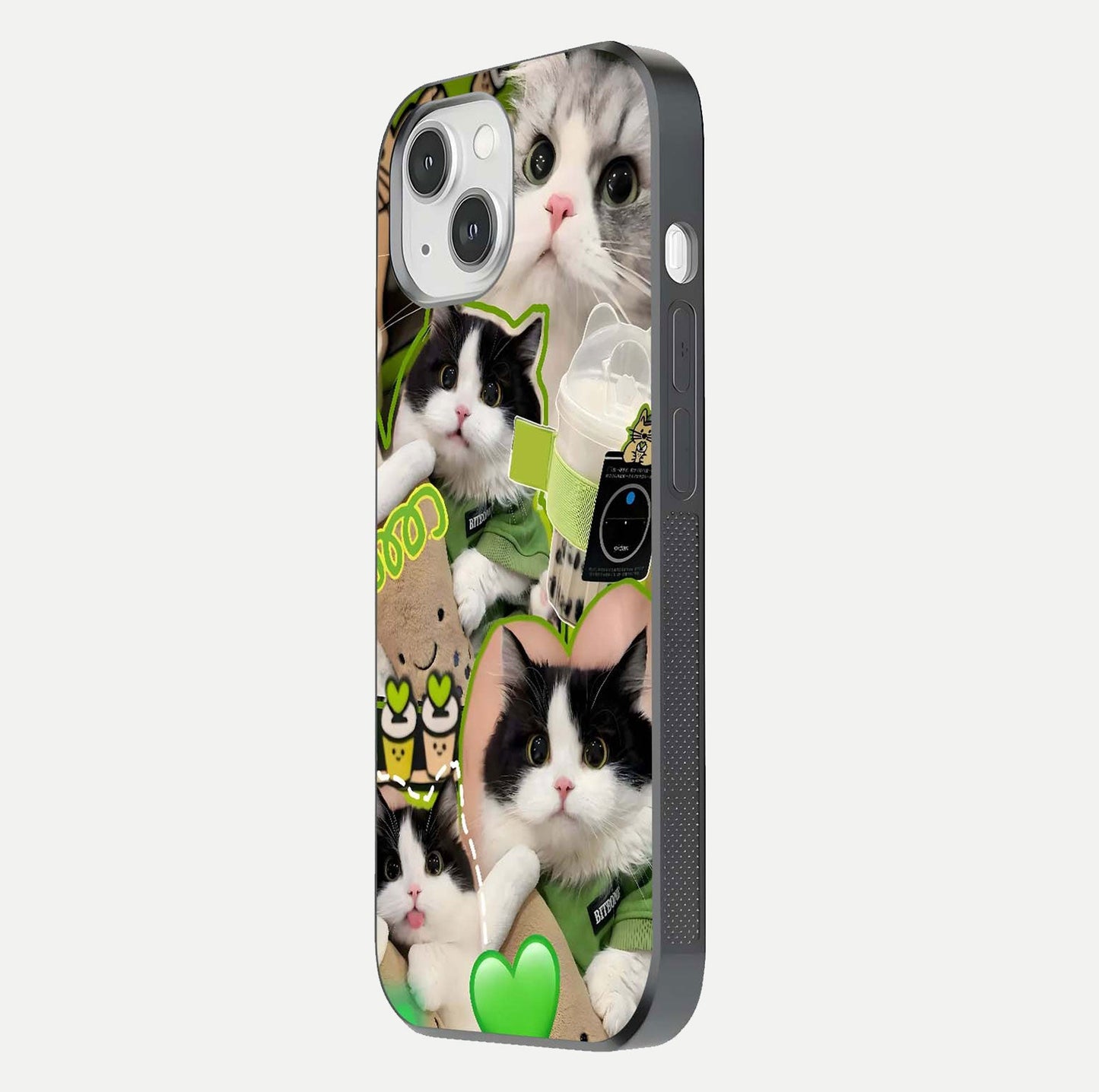 Matcha Cats Mood Glass Case for iPhone 14 side-angle image showing shine clarity and cat pattern charm