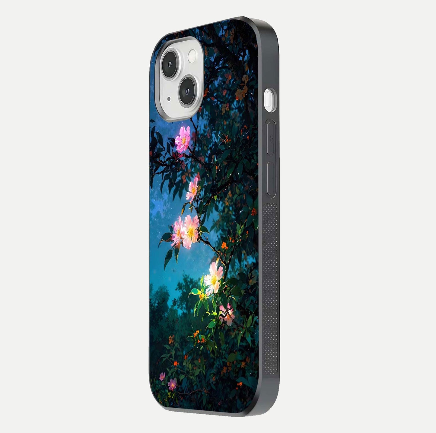 Midnight Bloom Glow Glass Case for iPhone 14 side-angle image revealing reflection and deep midnight hues