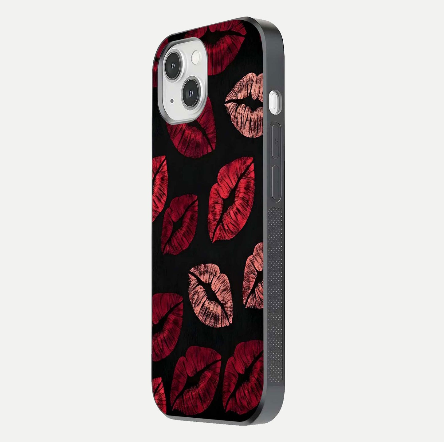 Midnight Kiss Love Glass Case for iPhone 14 side-angle image revealing gloss texture and deep love motif