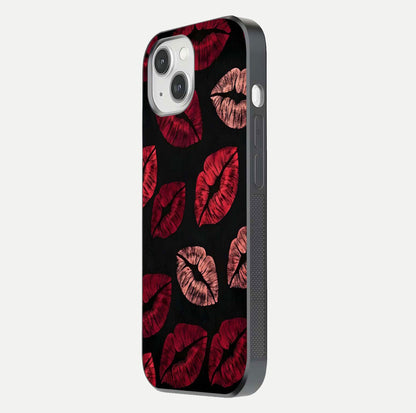 Midnight Kiss Love Glass Case for iPhone 14 side-angle image revealing gloss texture and deep love motif