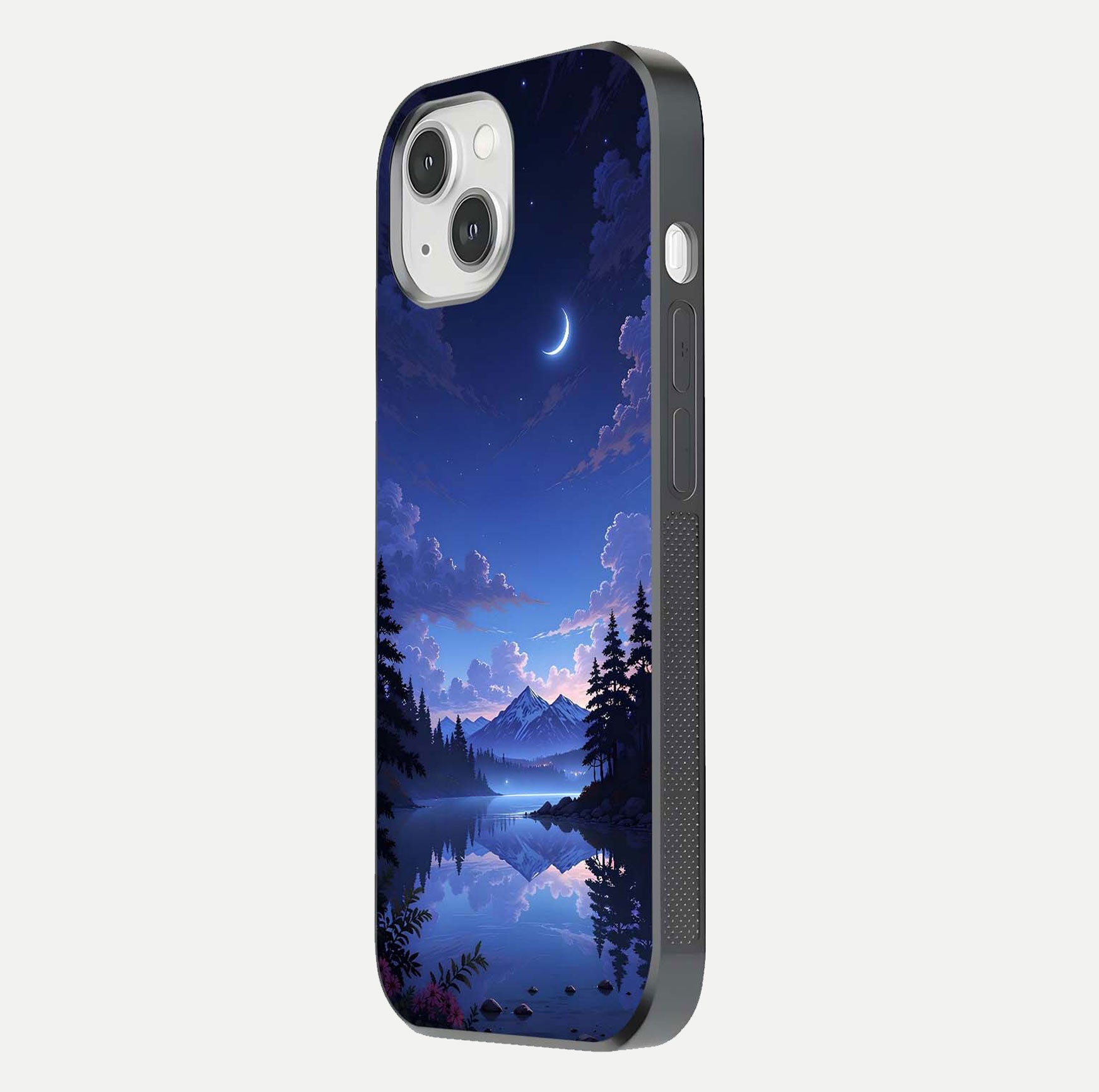Midnight Lake Peace Glass Case for iPhone 14 side-angle image showing HD shine and tranquil color tones