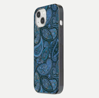Midnight Paisley Glow Glass Case for iPhone 14 side-angle image revealing reflective gloss and paisley art