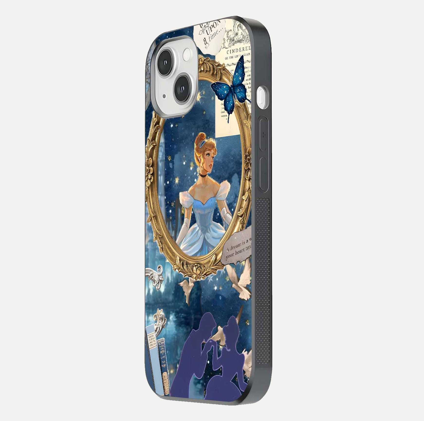 Midnight Queen Glass Case for iPhone 14 side-angle image showing reflection brightness and elegant tone