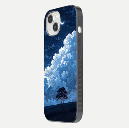 Midnight Sky Serenity Glass Case for iPhone 14 side-angle image showing soft glow and smooth reflection