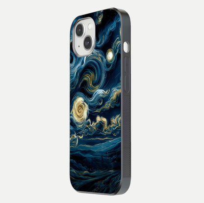 Midnight Sky Whirl Glass Case for iPhone 14 side-angle image showing reflection depth and galaxy pattern