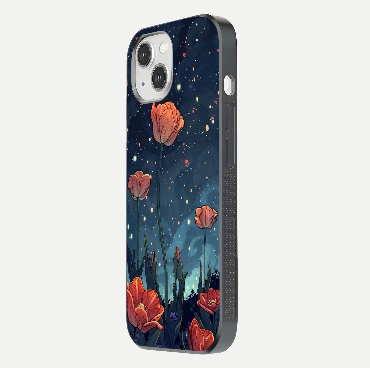 Midnight Tulip Glow Glass Case for iPhone 14 side-angle image showing shine depth and flower artwork
