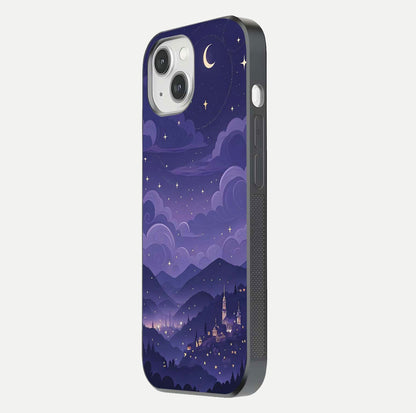 Minimal Night View Glass Case for iPhone 14 side-angle image showing subtle reflection and urban design