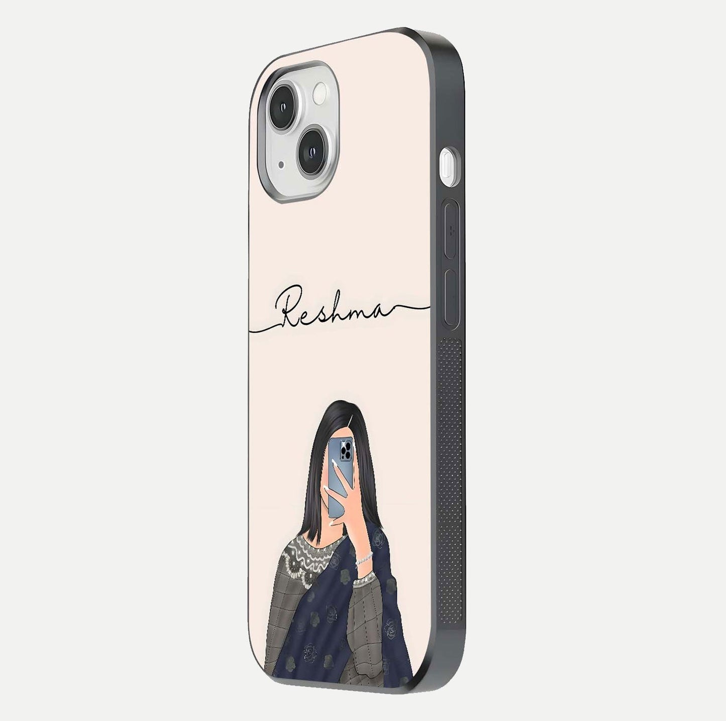 Mirror Mood Muse Custom Name Glass Case for iPhone 14 side-angle image emphasizing glossy mirror texture
