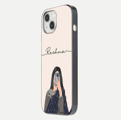 Mirror Mood Muse Custom Name Glass Case for iPhone 14 side-angle image emphasizing glossy mirror texture