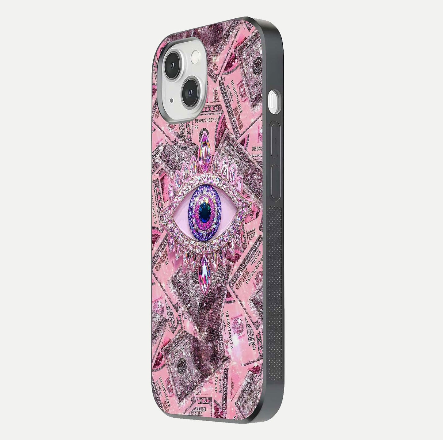 Money Eye Luxe Glass Case for iPhone 14 side-angle image showing HD reflection and luxury print clarity
