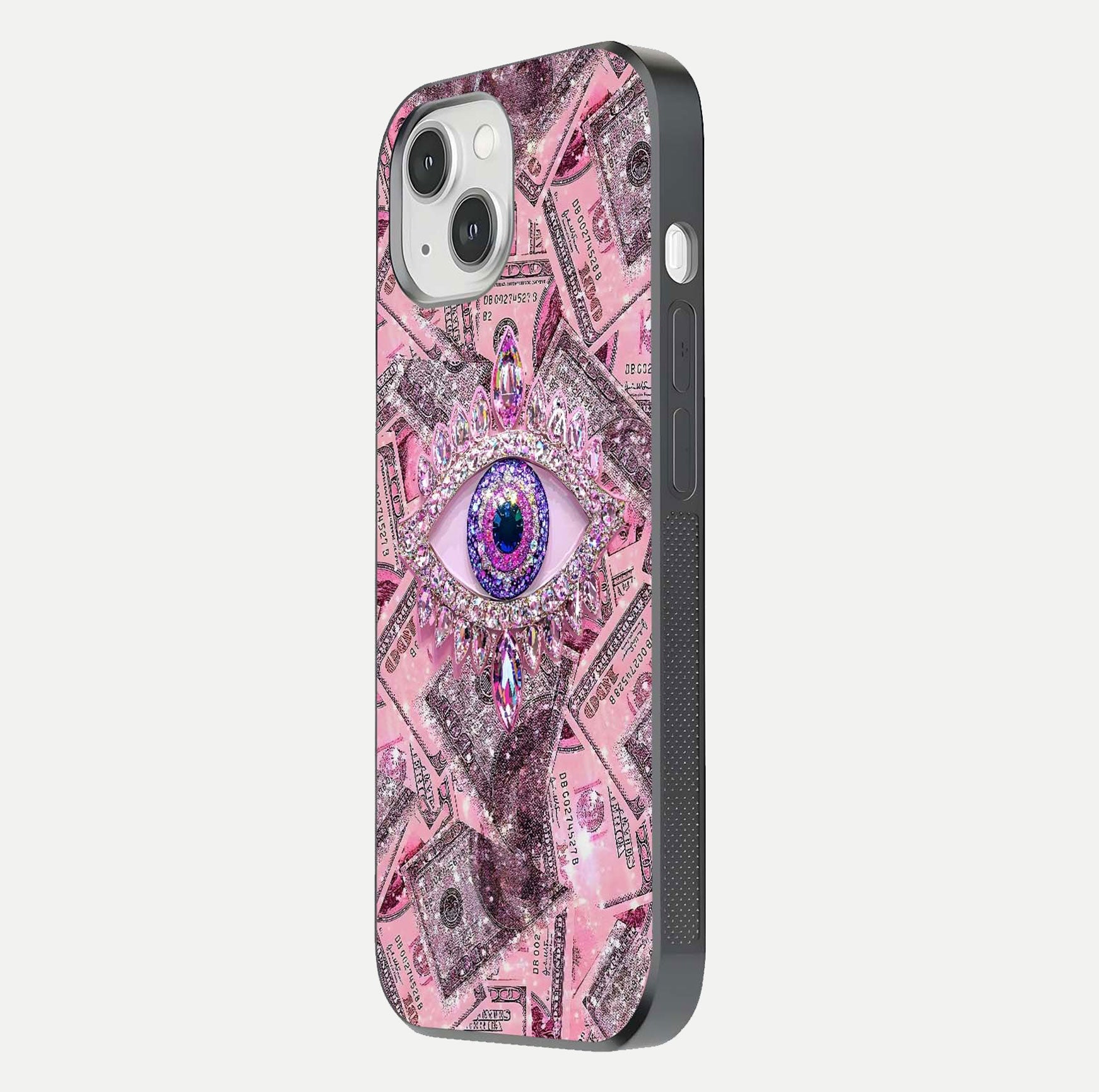 Money Eye Luxe Glass Case for iPhone 14 side-angle image showing HD reflection and luxury print clarity