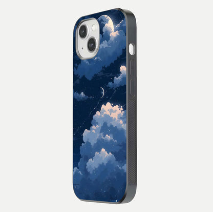 Moon Dream Haze Glass Case for iPhone 14 side-angle image showing HD reflection and moonlight detailing