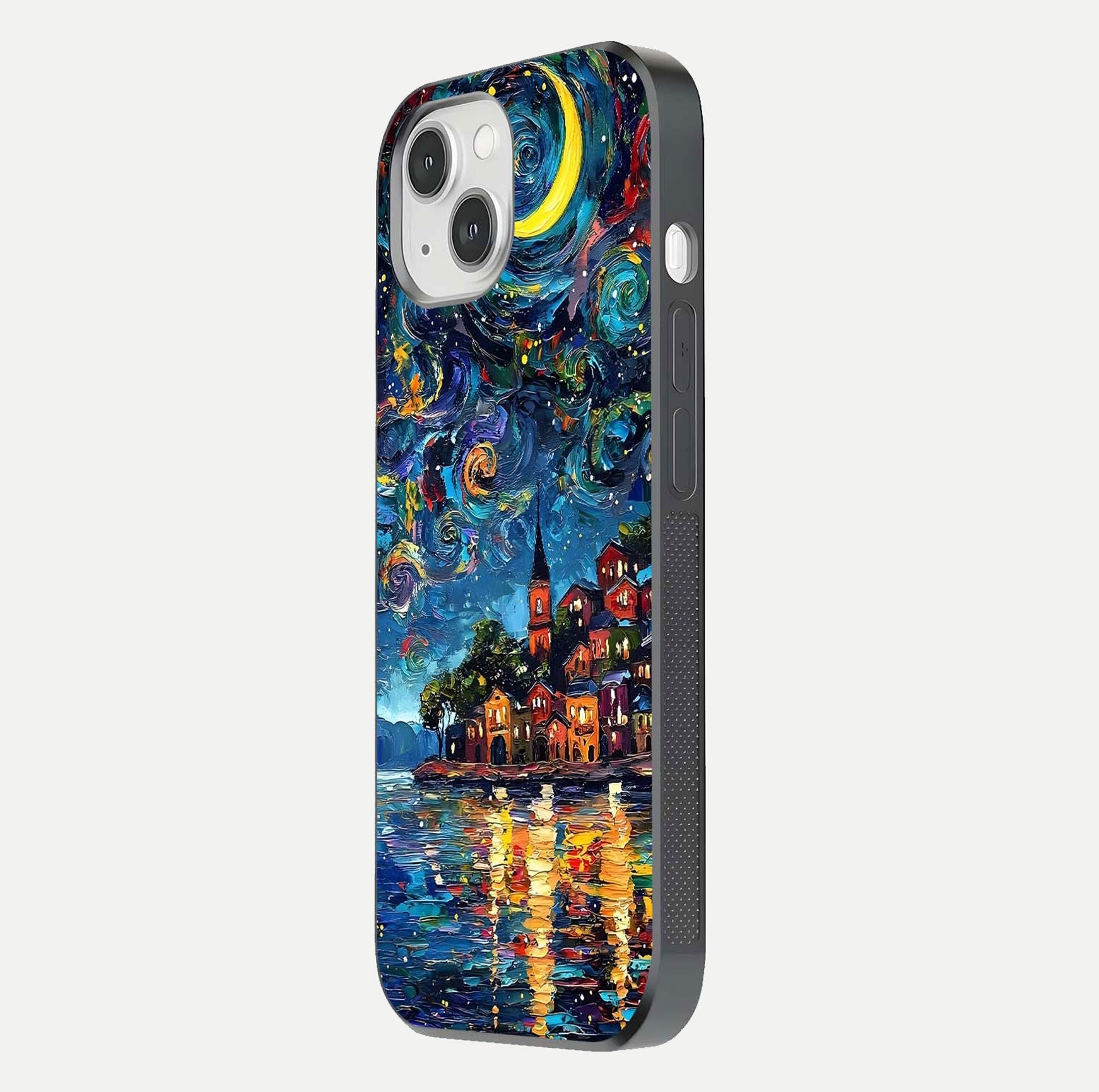 Moonlight Harbor Glow Glass Case for iPhone 14 side-angle image showing reflective surface and ocean tones