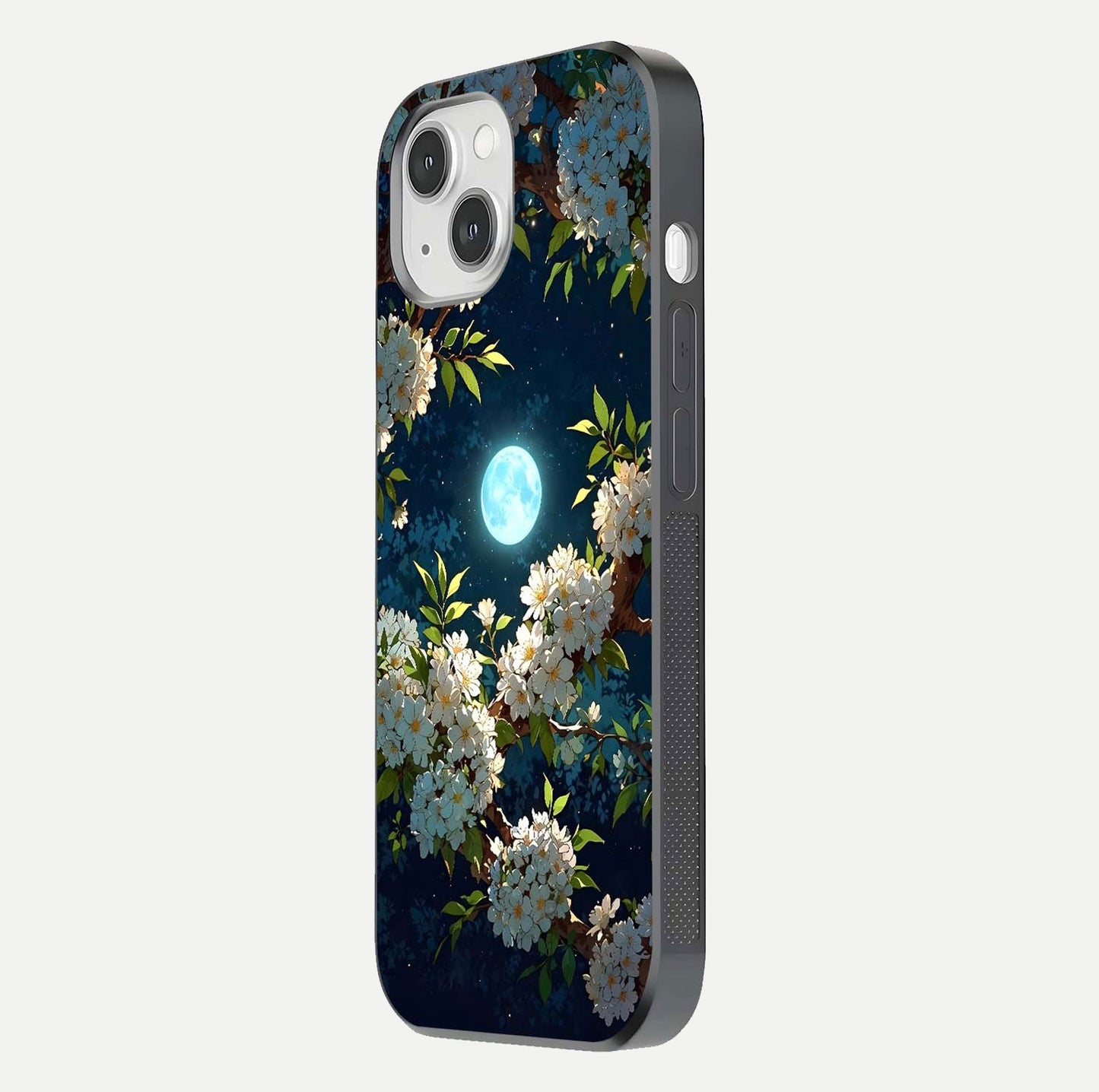 Moonlit Blossom Dream Glass Case for iPhone 14 side-angle image showing shine depth and flower glow