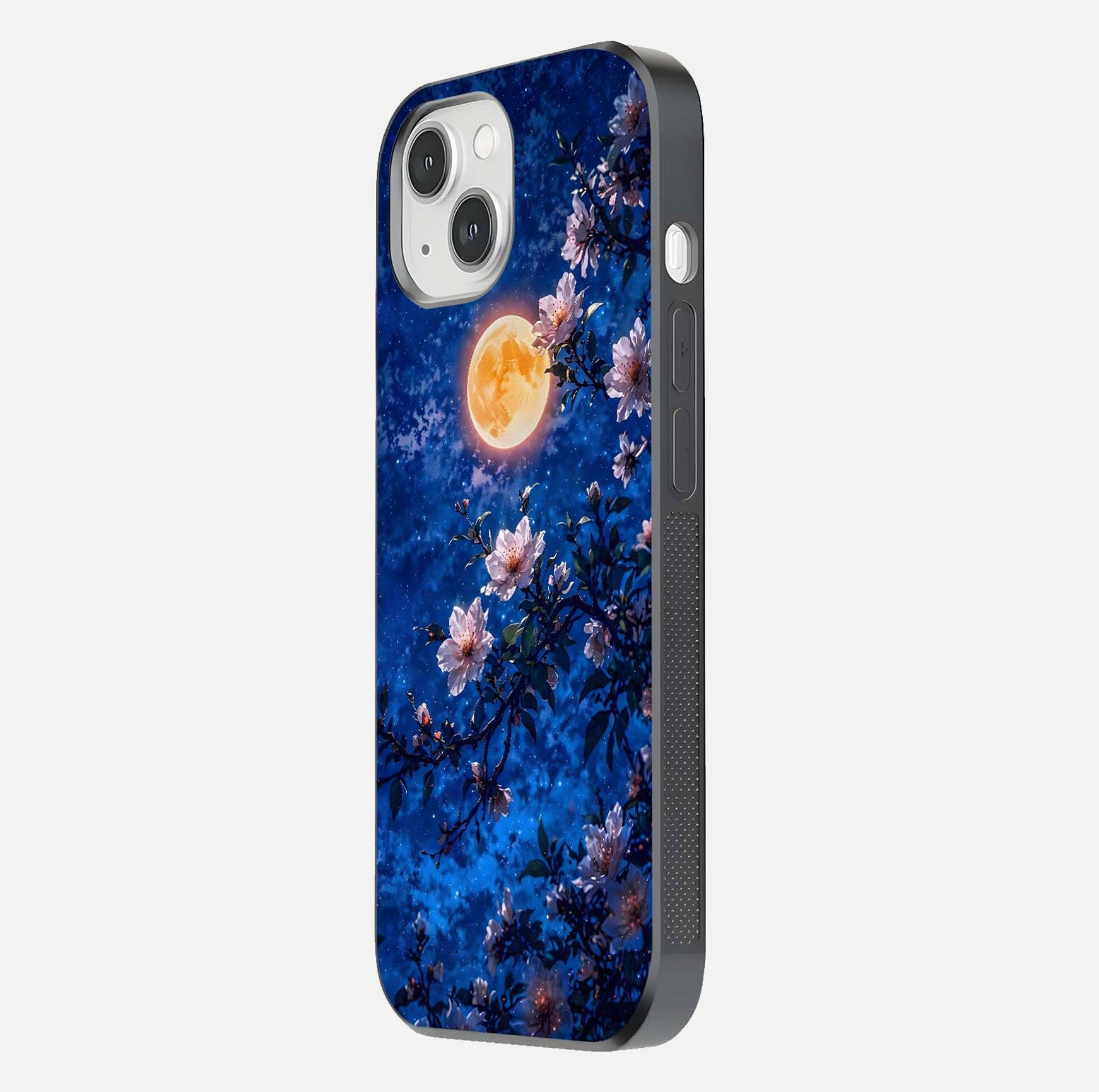 Moonlit Blossoms Night Glass Case for iPhone 14 side-angle image revealing shine and night bloom texture