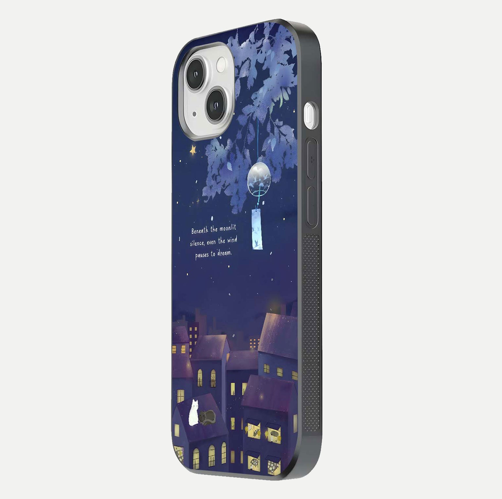 Moonlit Cat Silence Glass Case for iPhone 14 side-angle image showing HD gloss and feline artwork detail