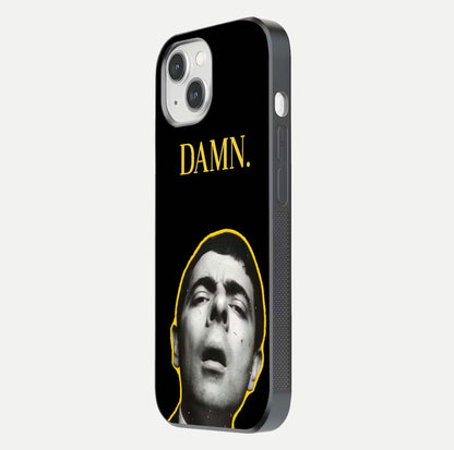 Mr Bean Damn Glass Case for iPhone 14 side-angle image emphasizing HD print clarity and playful theme