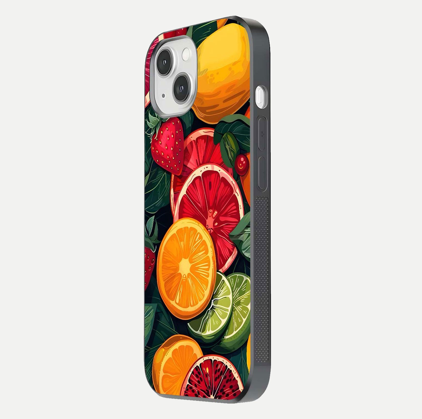 Multiple Fruits Glass Case for iPhone 14 side-angle image showing glossy surface and vivid fruit pattern