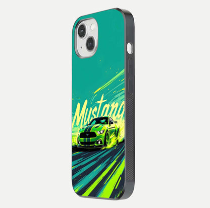 Mustang Bang Glass Case for iPhone 14 side-angle image showing reflection clarity and bold car artwork