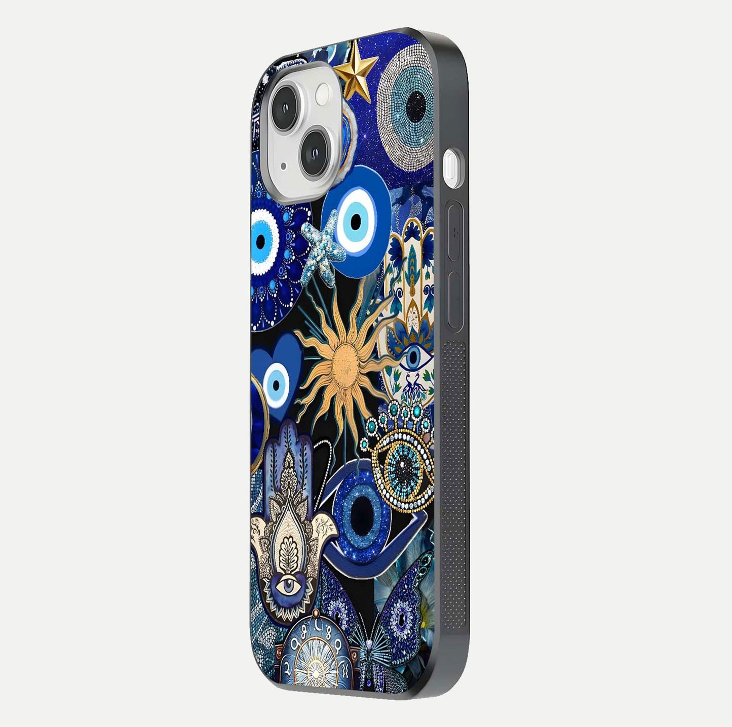 Mystic Blue Evil Eye Glass Case for iPhone 14 side-angle image showing smooth gloss and charm design