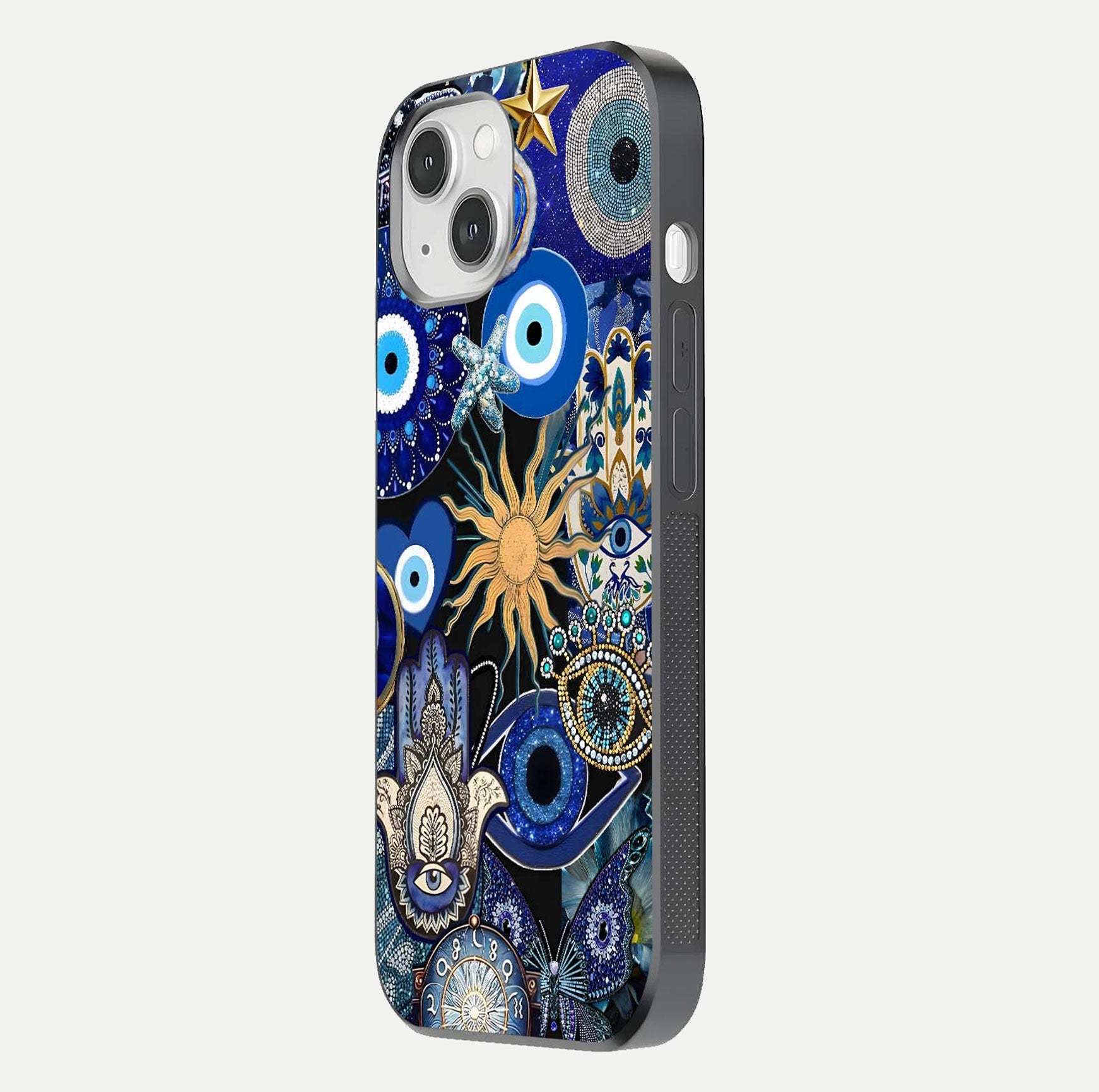 Mystic Blue Evil Eye Glass Case for iPhone 14 side-angle image showing smooth gloss and charm design