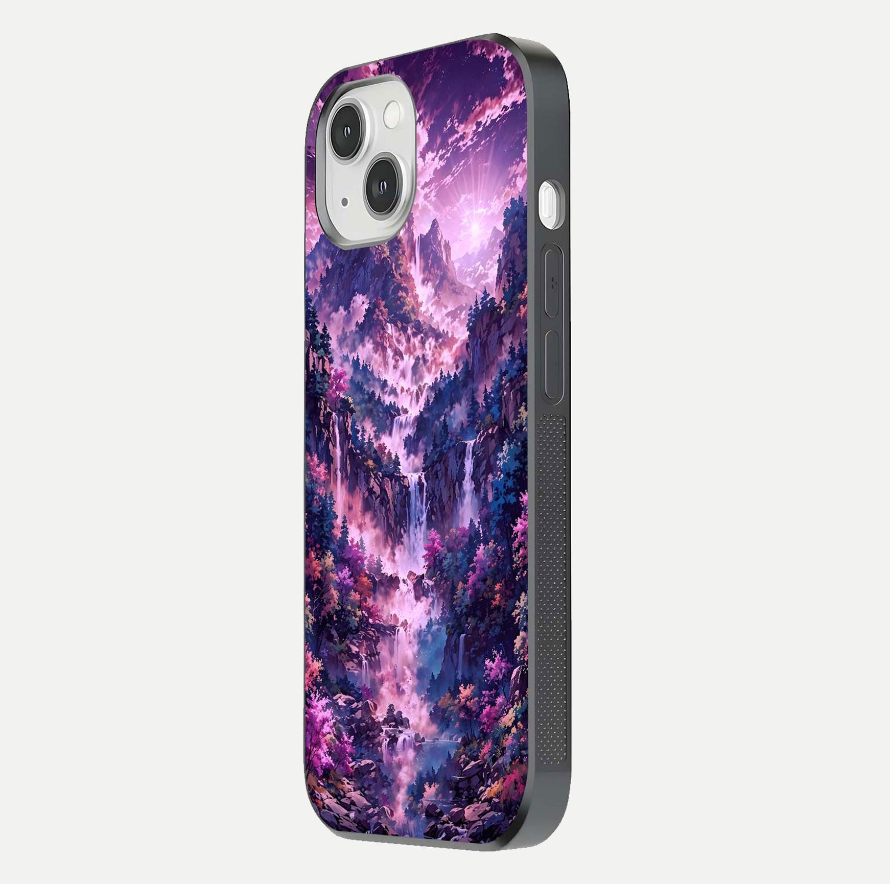 Mystic Cascade Peaks Glass Case for iPhone 14 side-angle image showing reflection and scenic art clarity