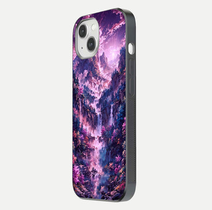 Mystic Cascade Peaks Glass Case for iPhone 14 side-angle image showing reflection and scenic art clarity