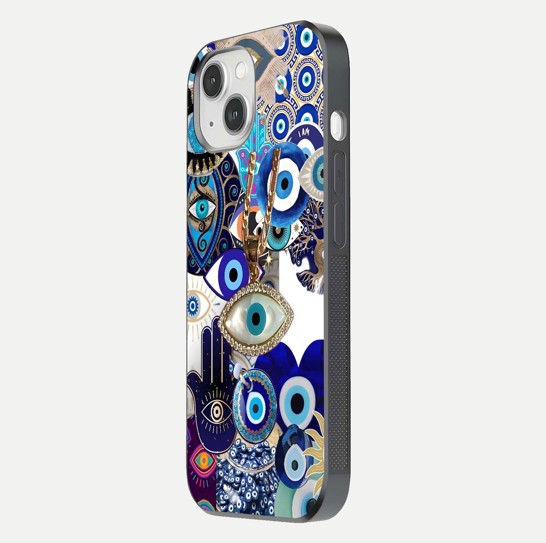 Mystic Charm Eye Glass Case for iPhone 14 side-angle image showing HD reflection and sacred tone