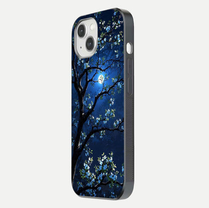 Mystic Floral Night Glass Case for iPhone 14 side-angle image showing gloss surface and midnight floral tones