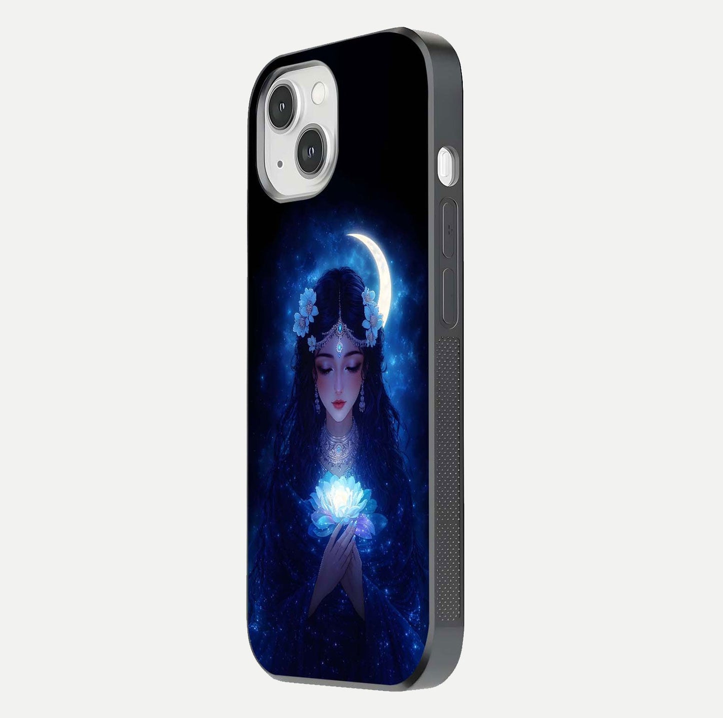 Mystic Moon Queen Glass Case for iPhone 14 side-angle image showing reflection and celestial details