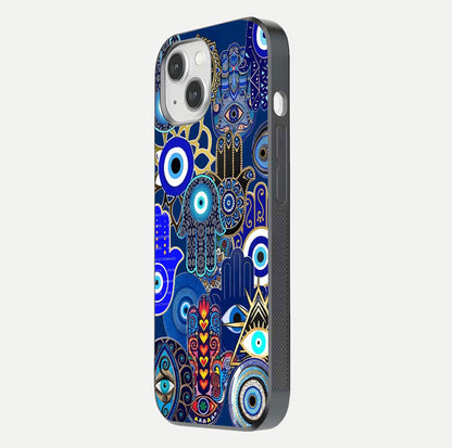 Mystic Palm Guard Glass Case for iPhone 14 side-angle image showing shine depth and sacred motif