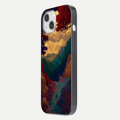 Mystic Valley Light Glass Case for iPhone 14 side-angle image showing shine and peaceful hues