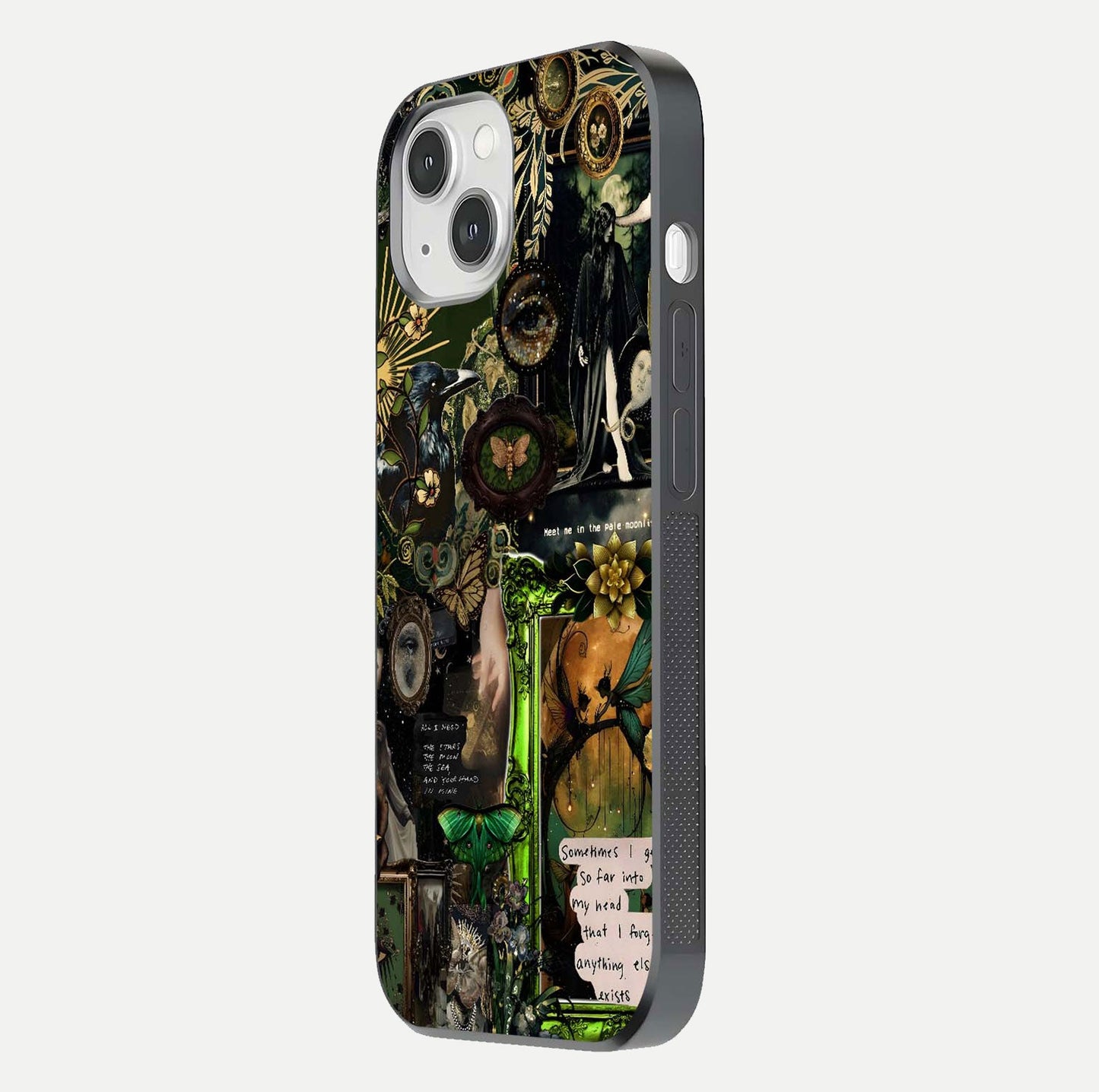 Mystic Woods Secret Glass Case for iPhone 14 side-angle image showing gloss reflection and forest pattern