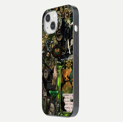 Mystic Woods Secret Glass Case for iPhone 14 side-angle image showing gloss reflection and forest pattern