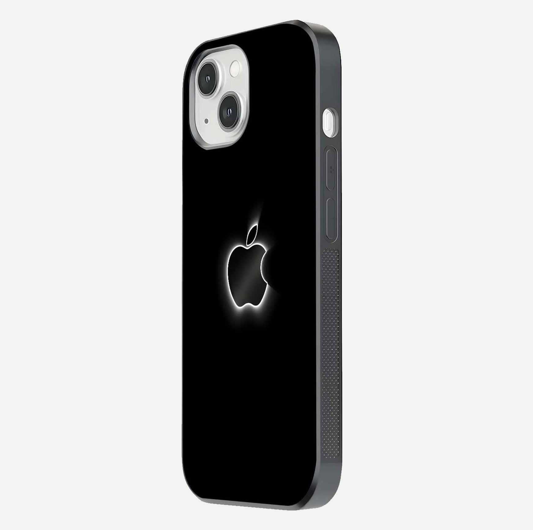 Neon Apple Glow Glass Case for iPhone 14 side-angle image showing light reflection and glow effect
