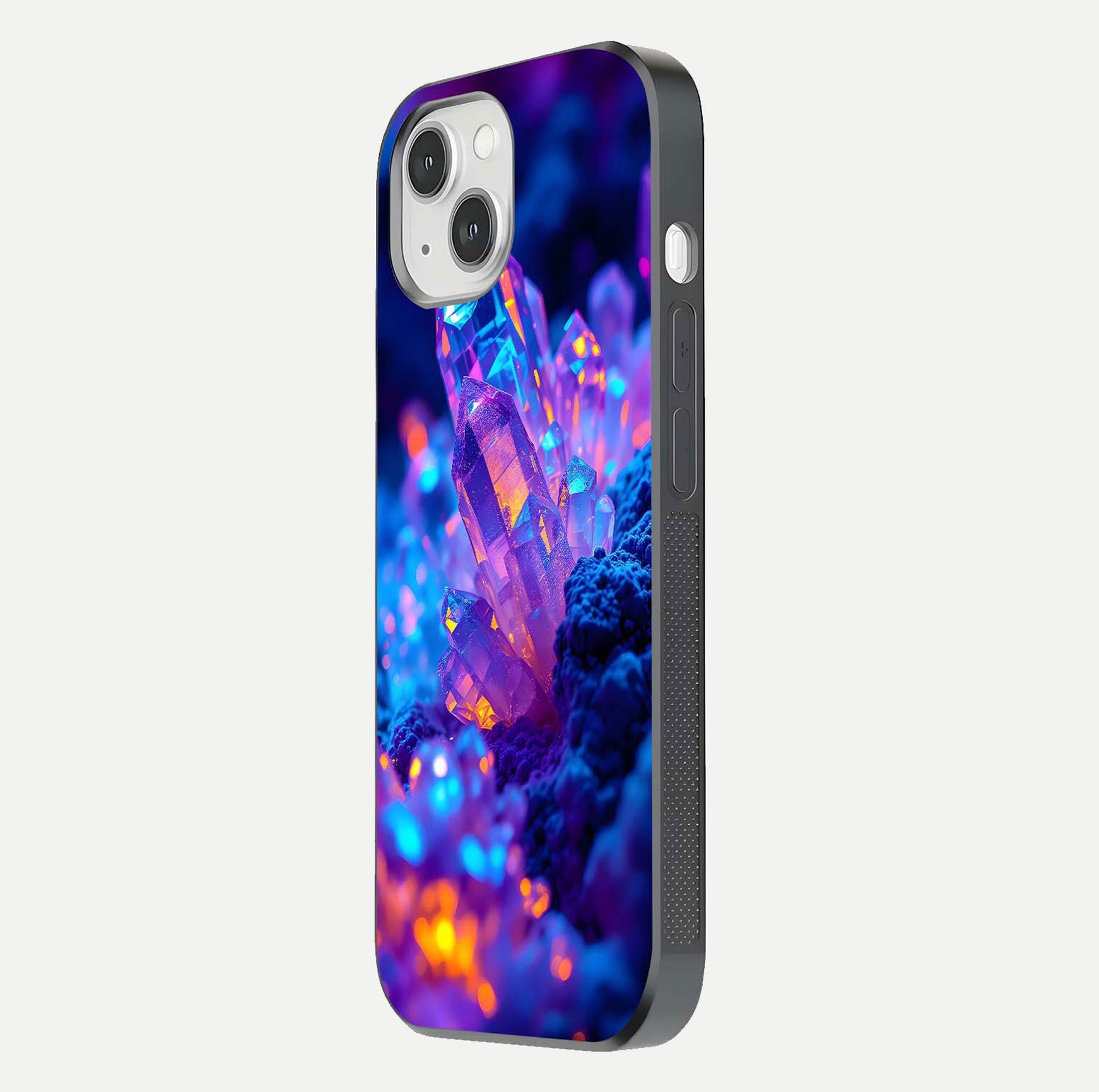 Neon Aura Shards Glass Case for iPhone 14 side-angle image showing light depth and glossy contrast