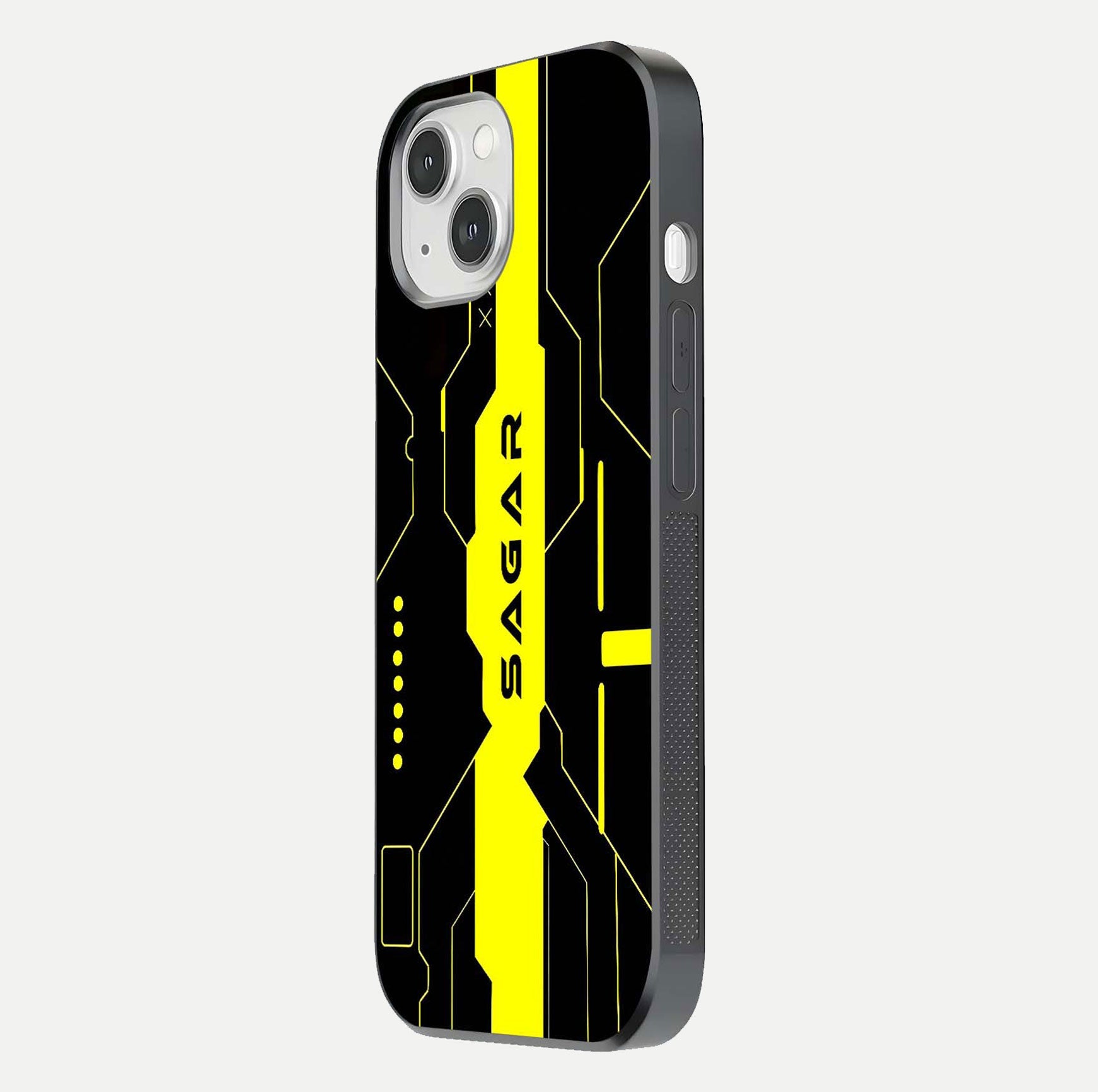 Neon CYBERPUNK Custom Name Glass Case for iPhone 14 side-angle image showing glow depth and bold print