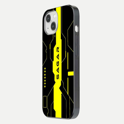 Neon CYBERPUNK Custom Name Glass Case for iPhone 14 side-angle image showing glow depth and bold print