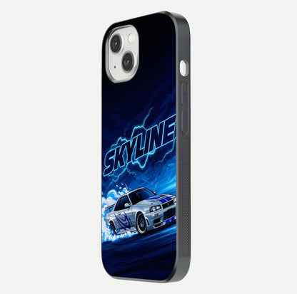 Neon Drift Beast Glass Case for iPhone 14 side-angle image showing reflection depth and bold neon tones