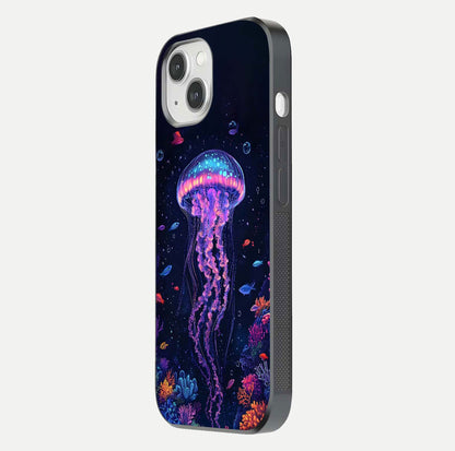 Neon Jellyfish Glass Case for iPhone 14 side-angle image showing reflection and oceanic light detailing