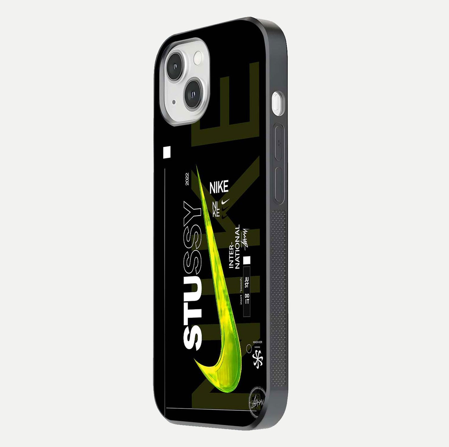 Neon Street Edition Glass Case for iPhone 14 side-angle image showing reflection depth and modern tones