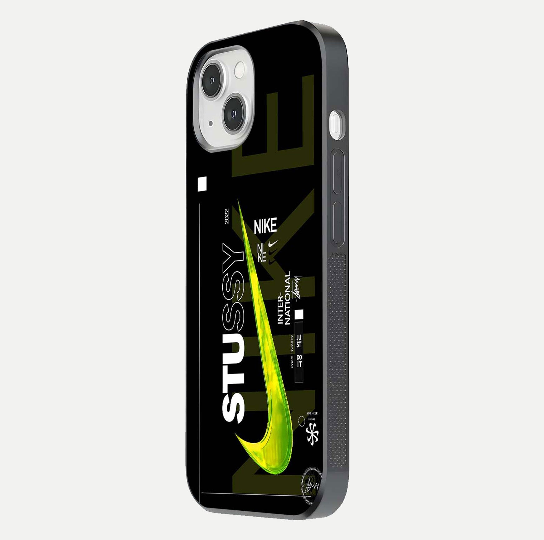Neon Street Edition Glass Case for iPhone 14 side-angle image showing reflection depth and modern tones