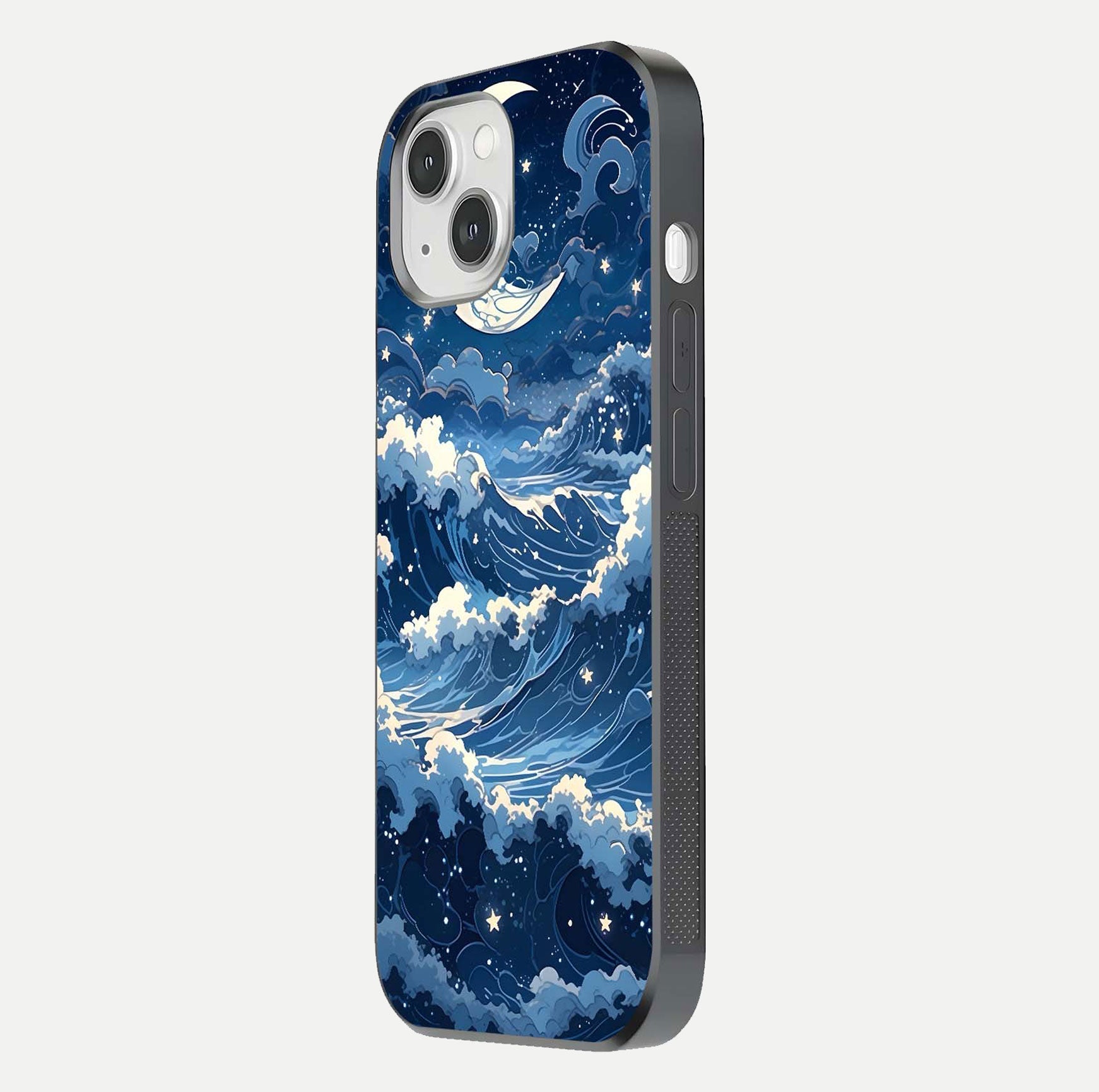 Ocean Moon Waves Glass Case for iPhone 14 side-angle image showing shine and ocean gradient tones