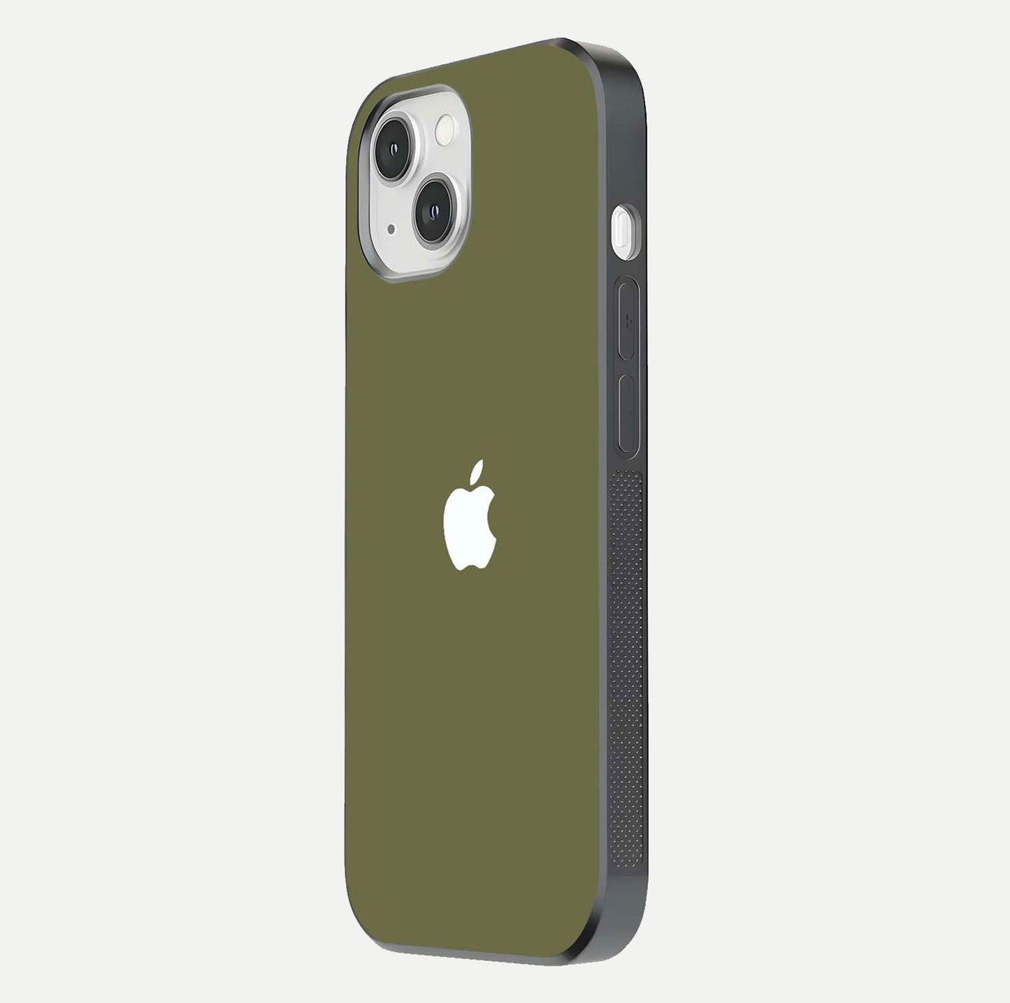Olive Matte Essence Glass Case for iPhone 14 side-angle image showing soft hue and elegant smooth surface