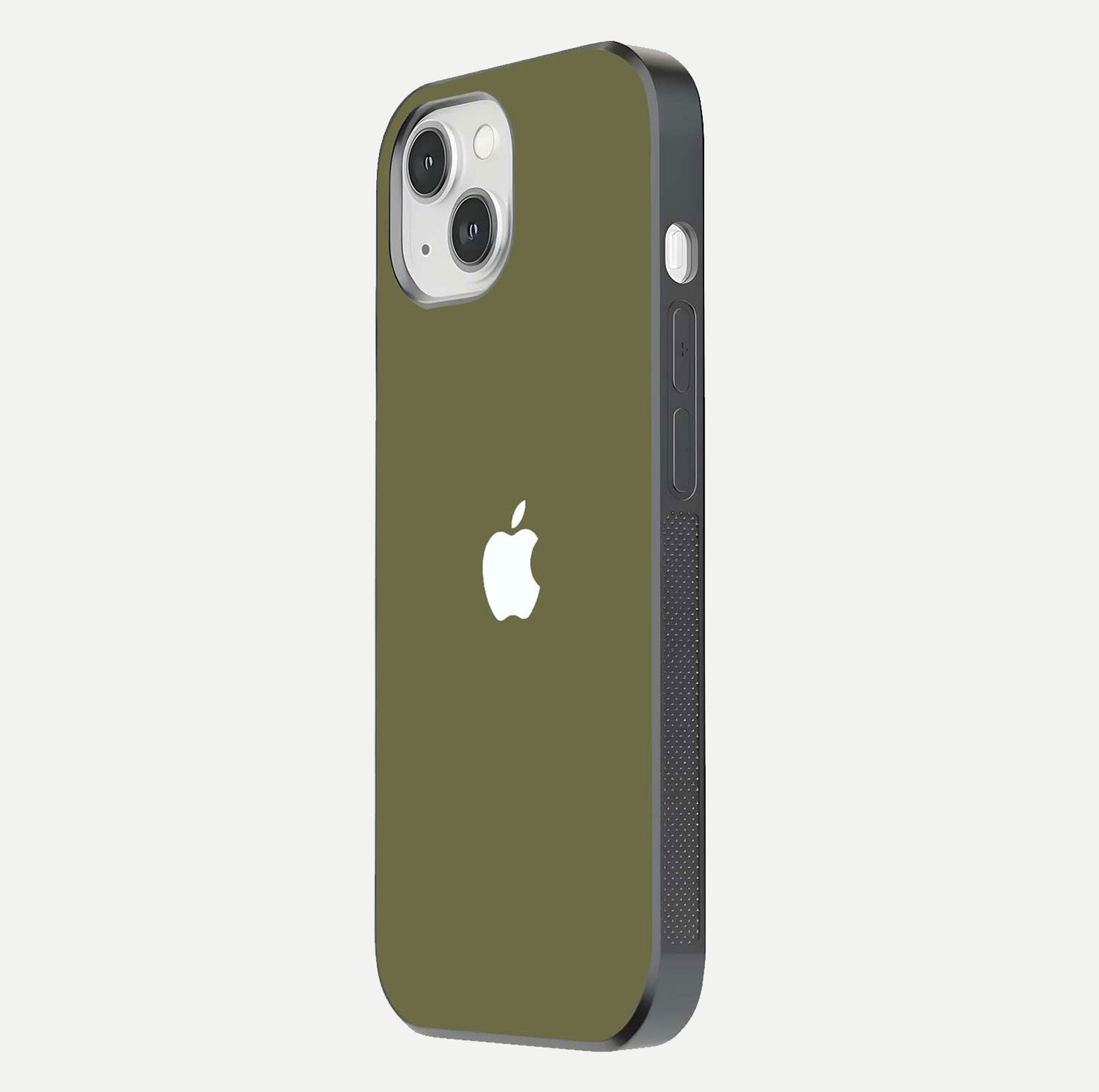 Olive Matte Essence Glass Case for iPhone 14 side-angle image showing soft hue and elegant smooth surface