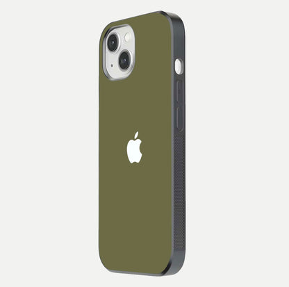 Olive Matte Essence Glass Case for iPhone 14 side-angle image showing soft hue and elegant smooth surface